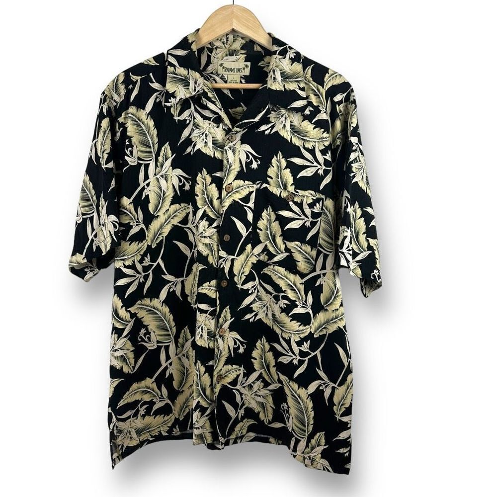 Paradise Coves Men's Size L Vintage Hawaiian Shirt Black Palm Leaf Print Silk‎